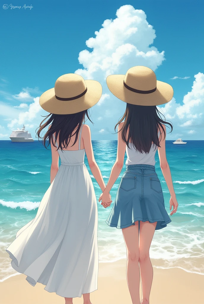 City Pop Style　Ocean　Two beautiful girls holding hands　White dress　Straw hat　Port town