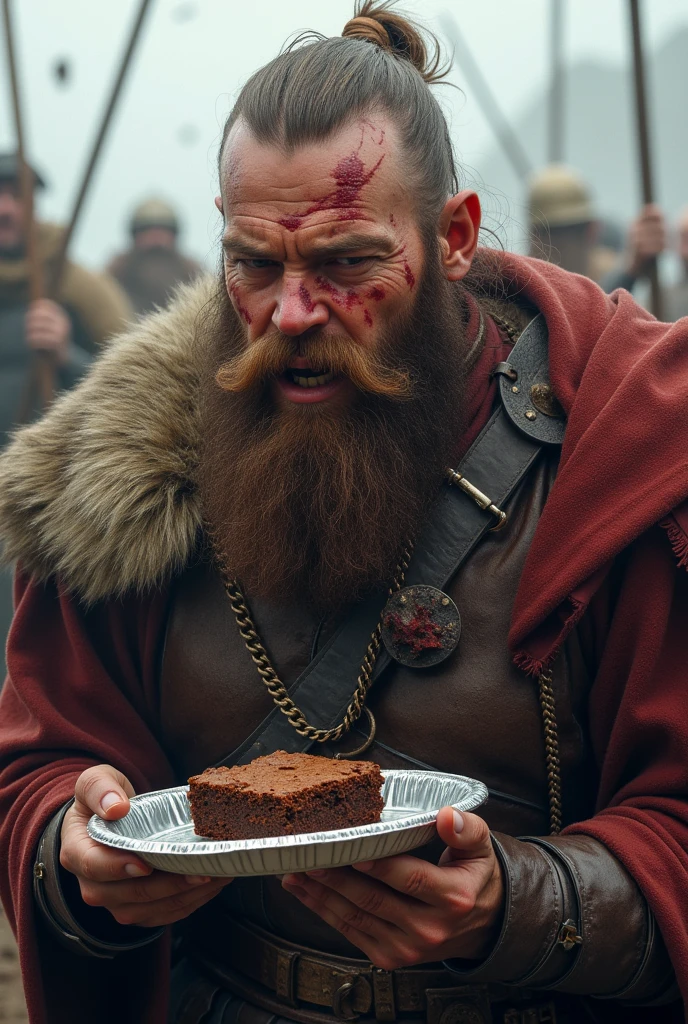 viking, happy, bloodstained in a battle with weapons,eating brownie on small aluminum tray .