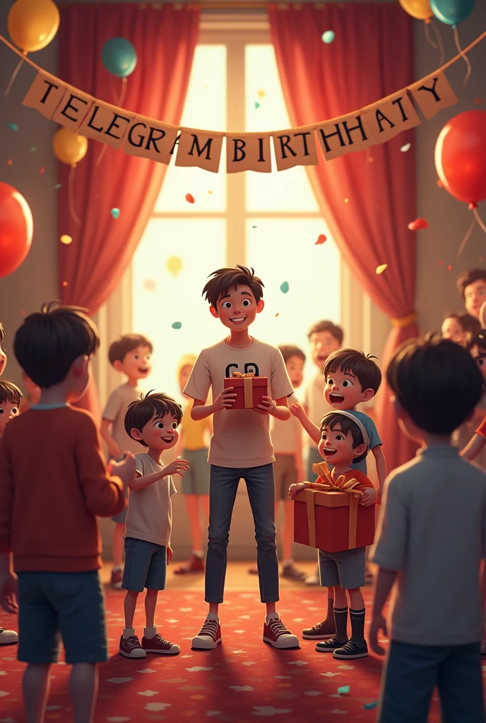 Birthday celebration in a beautiful room. Balloons are flying around. There are gift boxes.  A few young boys are standing together and celebrating.  TELEGRAM BIRTHDAY written on the banner above.  And a young man is standing there with a gift box in his hand.  T.S.B CEO written on the back of his T-shirt.