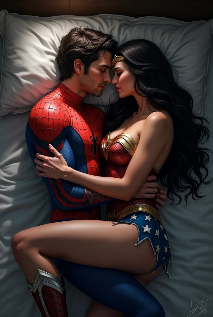 Spiderman sleeps topless with Wonder Woman