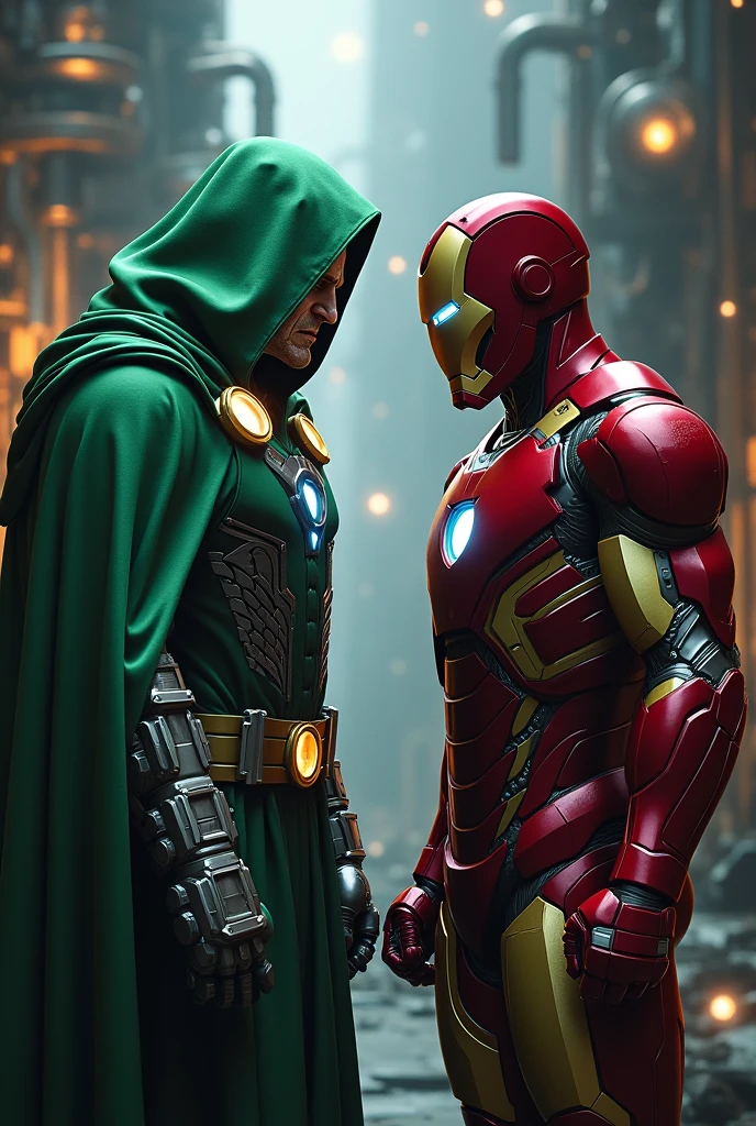 A highly detailed portrait of Dr. Doom, the Marvel supervillain, wearing a green armor suit, standing next to Iron Man, intricate mechanical details, cinematic lighting, digital art, photorealistic, 8k, award-winning illustration, dramatic shadows and highlights, glowing energy effects, complex machinery, moody atmosphere