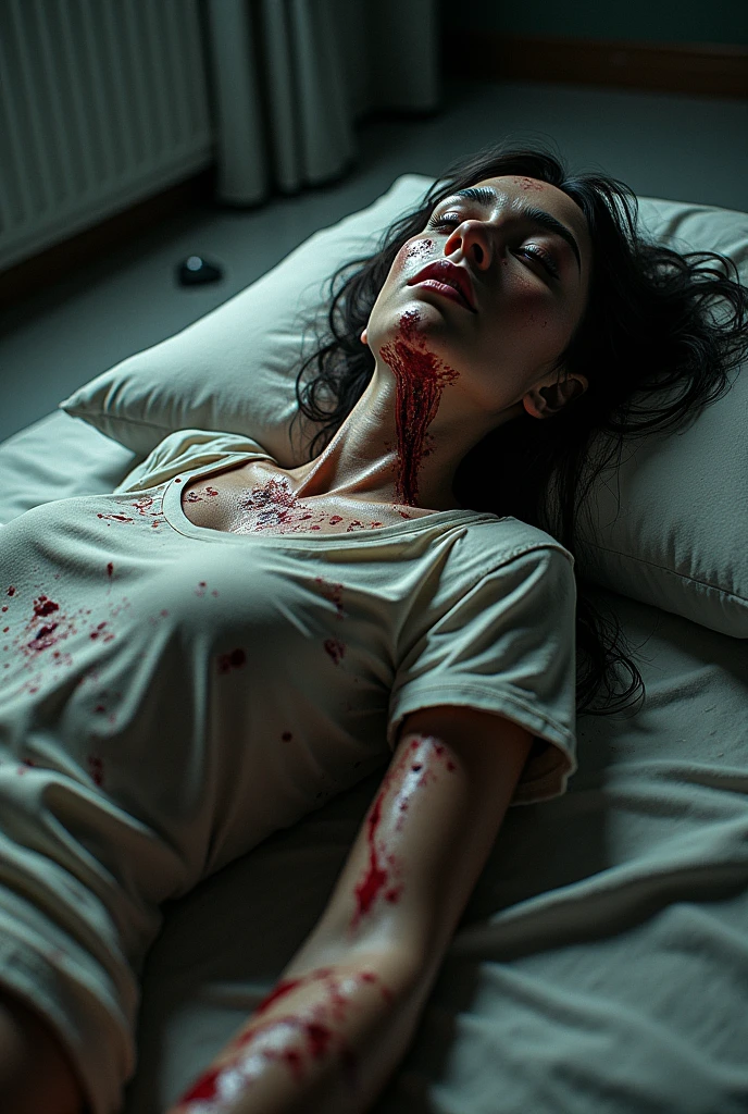 1 hourglass body women crying blood on bed wearing fitted dress