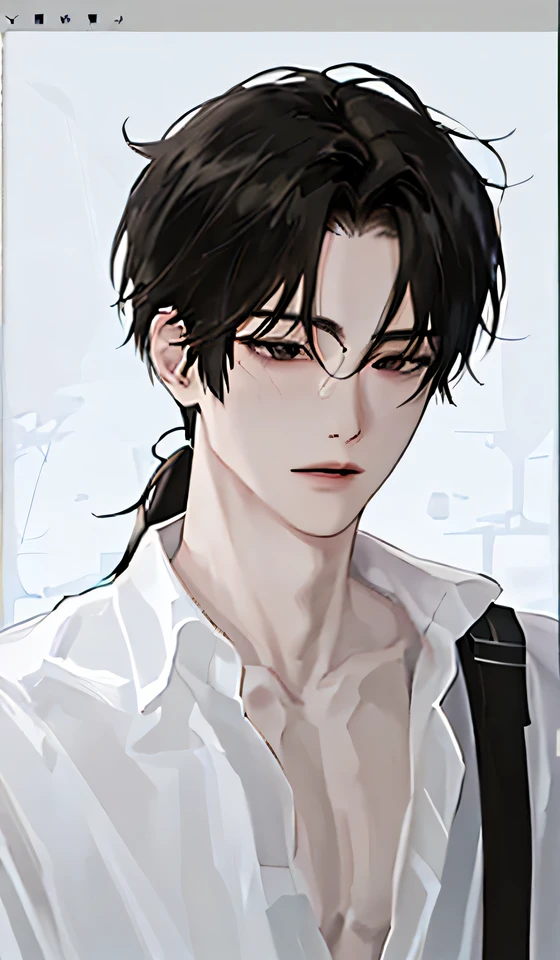 (masterpiece:1.2, best quality), (real picture, Intricate details), 1man, portrait, solo, detailed, clear, male focus, casual, ordinary, pale skin, sharp narrow black eyes, thin eyes, sharp facial features, thin black hair, low ponytail, long parted bangs, indifferent, cold, cunning, oddly charming, slightly feminine facial features, oddly pretty, skinny, lanky, thin