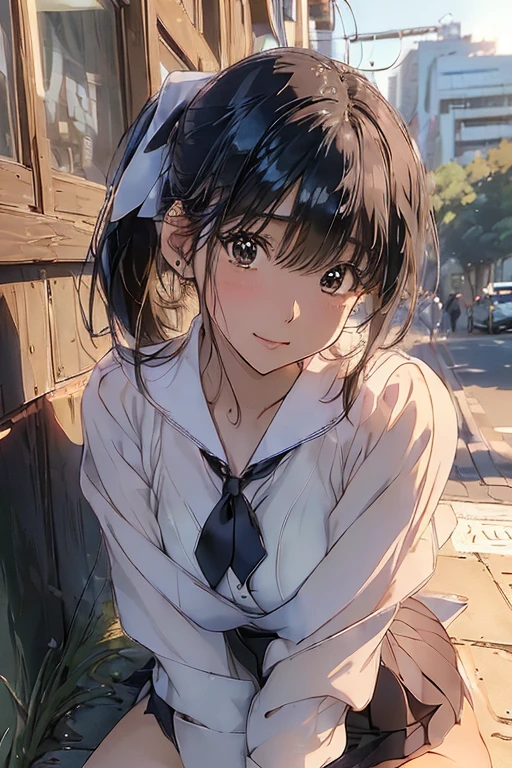 (((masterpiece, Highest quality, High resolution, 超High resolution, Pixel perfect, Written boundary depth, 4K, RTTX10.0))), Beautiful Anime Woman, Beautiful art style, Anime characters, ((Smooth texture, Realistic texture, Anime CG style)), Exact finger count、Exact number of legs、(Exact number of arms:1.0, Exact number of hands:1.0), (Perfect hands, Perfect Anatomy), Cinematic, Realistic, Highly detailed CG, Daytime lighting, Perfect lighting, Best Shadow, The best natural light, whole body, Perfect body, (Slender body:1.2), ((Long Hair, bangs, Thick black hair, Stylish hairstyle, ponytail)), (An adult woman is lying face down on the ground., Panties exposed, Angle from the rear:1.4), (Fashionable white shirt, Sailor collar, Navy blue knee socks, loafers, Navy pleated mini skirt:1.3), ((Stylish shiny satin micro mini panties, side-tie white panties, Black lace trim:1.3)), (Beautiful little ass, Beautiful and thin thighs:1.3), Feeling embarrassed, (blush:1.2), (Very embarrassed look:1.4), (Urban hustle and bustle, Buildings on the background, Sidewalk, Intersection in the background, Akihabara-like streetscape, In the background, a large number of people dressed in clothes々々:1.4), (Her skirt is flipped up:1.3) , Recall