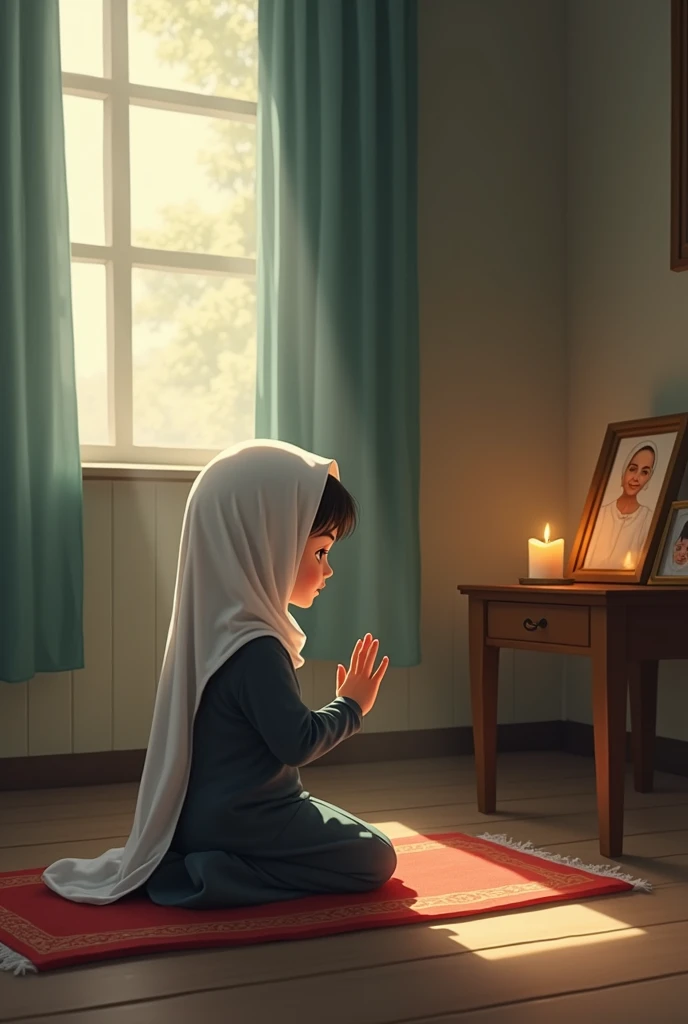 A young girl, around 7 , kneeling on a prayer mat in a quiet room with soft light coming through the window. She is dressed in modest Islamic attire, with a small white hijab covering her head. Her hands are raised in a dua (supplication) position, her face showing a mix of innocence and solemnity. In the background, there are framed photos of her deceased parents on a nearby table with soft candlelight. The room has a calm and serene atmosphere, reflecting her heartfelt prayer.