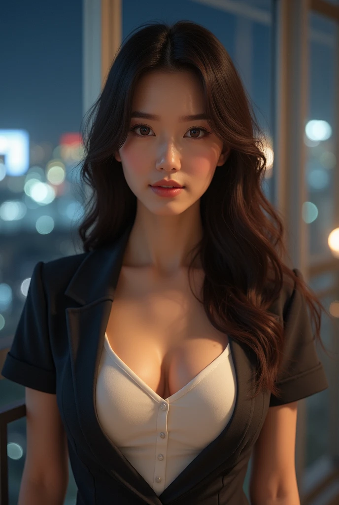 An elegantly dressed Japanese woman in natural light、A close-up of her chest and calm expression.、It shows her inner peace and outer charm.。、((Highest quality, 8k, masterpiece :1.3)), whole body, Sharp focus :1.2, Beautiful woman with perfect figure :1.4, Slim Abs :1.2, ((Dark brown hair, Big Breasts :1.2)), Body Dress :1.1, (Night city view, Modern balcony :1.1), Highly detailed face and skin texture, Detailed eyes, double eyelid, Small breasts, OL Uniform, Office Wear, White T-shirt, Exposed cleavage, (Black Pantyhose), (No pants), Indoor scene, Office Information

