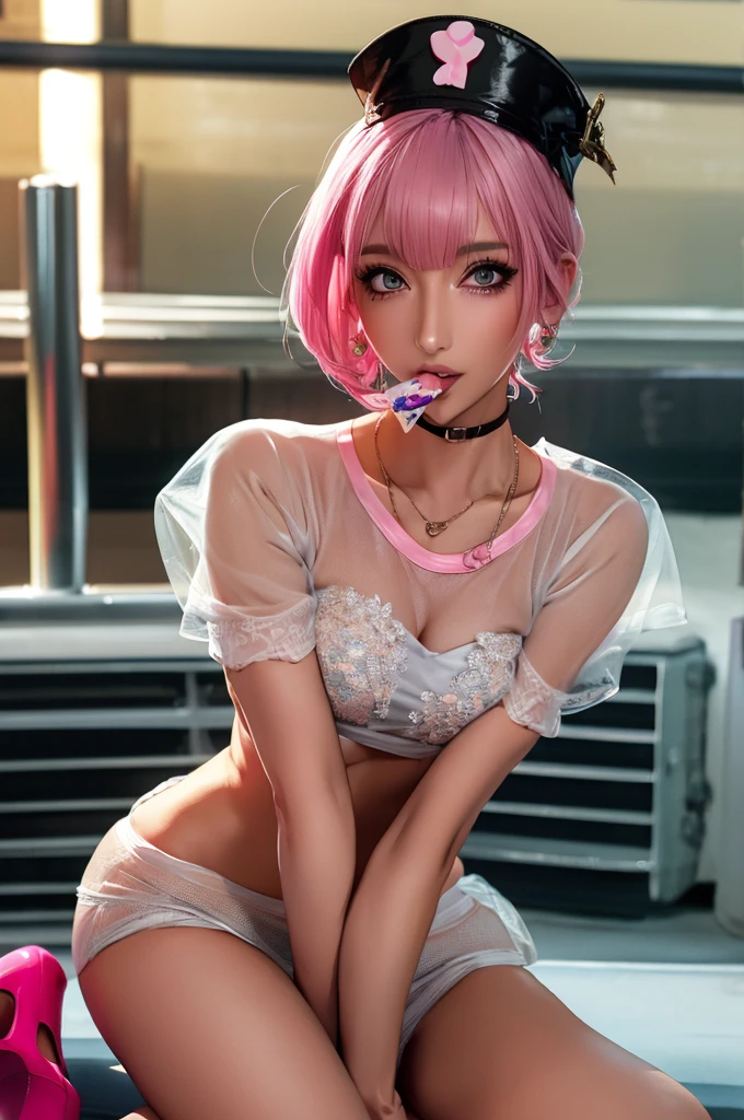 (Highest quality), Realistic, Beautiful Nurse,Gal,Hospital Bets,((Licking ice cream:1.2)),See-through costume,Nurse cap(short hair,Sharp bangs)Showing panties,(((Highest quality,Highest quality,8k images)))Pink Hair,High heels,