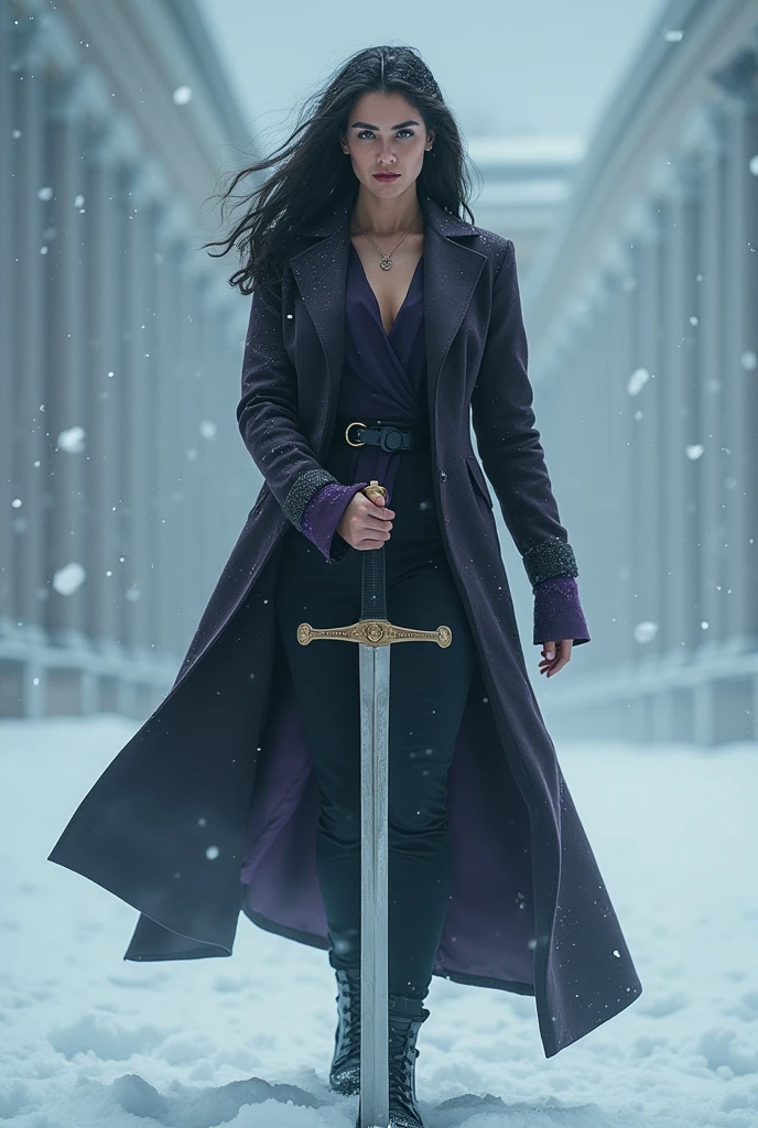 The female Supreme Court Justice, clad in a purple-black dress and black trousers, stands amidst a blizzard, her sword planted firmly in the ground.