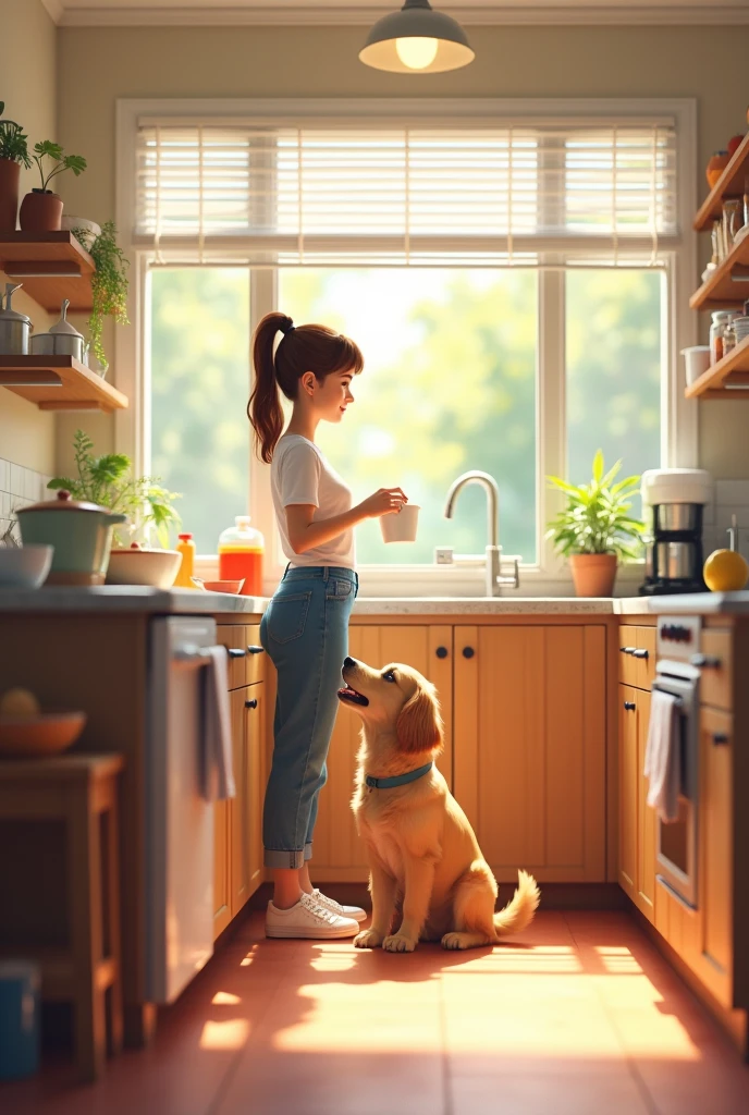 A bright kitchen with windows and a lady with a dog