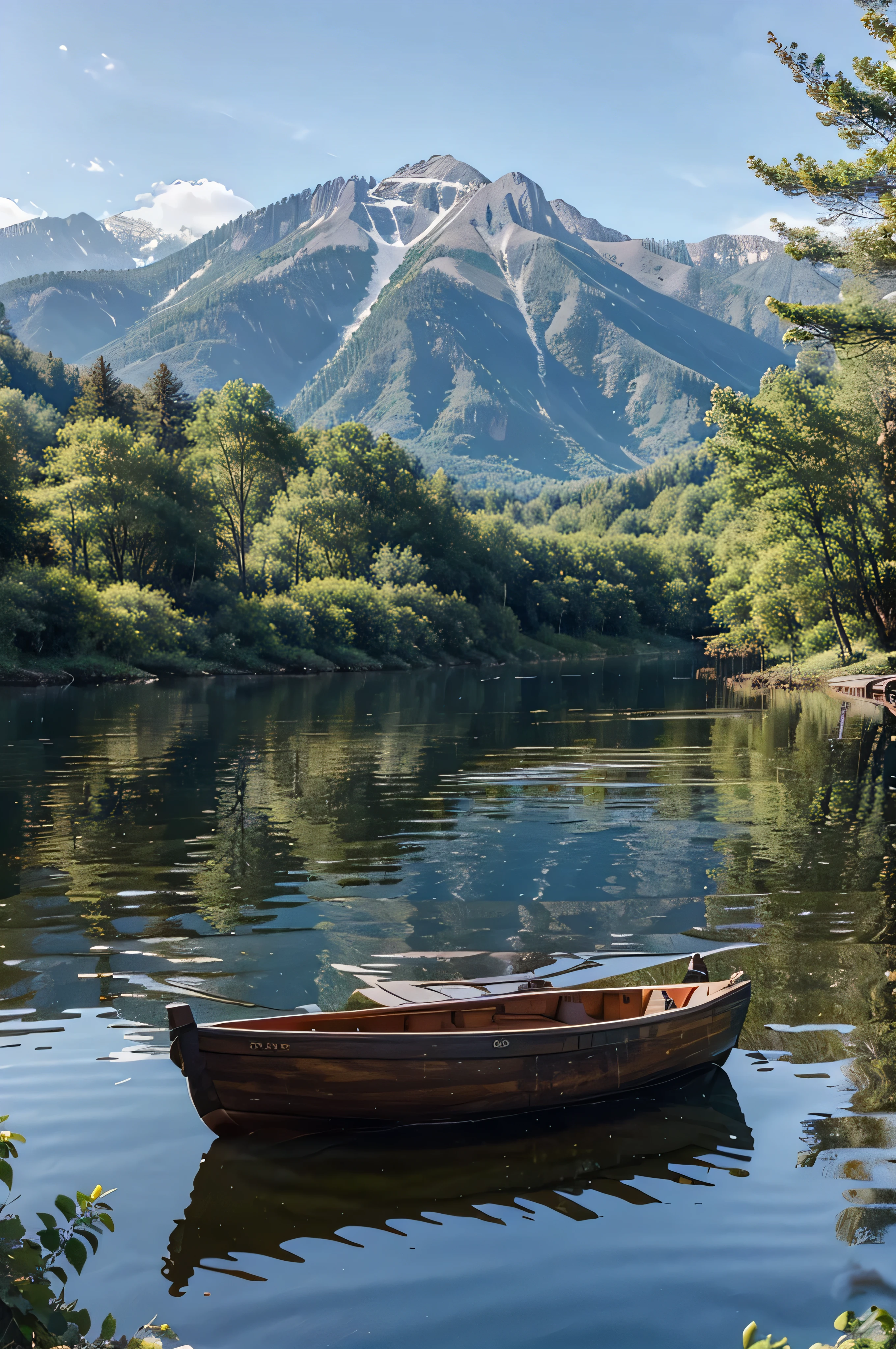 A small wooden boat tied to a dock on a calm lake, surrounded by forest and mountains. The lake's water reflects the clear blue sky and the surrounding trees.