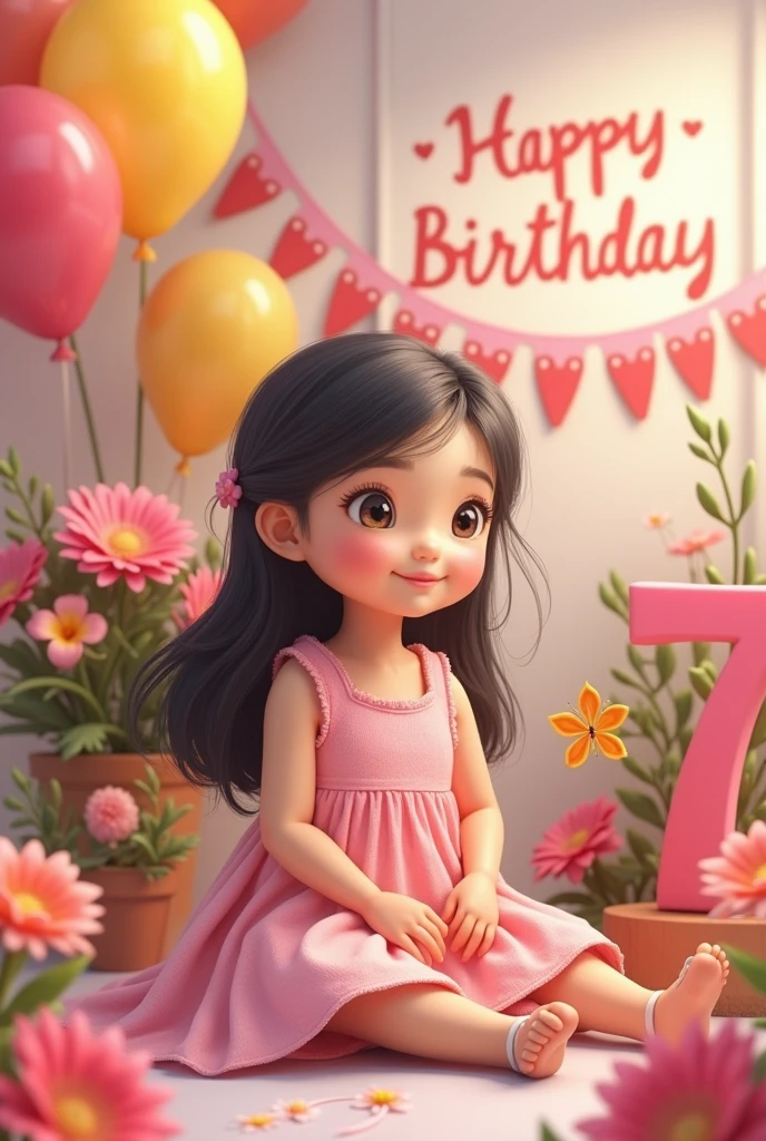 Real pinay girl age earing pink dress sitting beside the name banner "Happy 7th birthday jasmine" with balloons and flowers