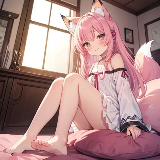 Highest quality, masterpiece, detailed, 1 person,,small,cute,blush,Captivating smile,White chemise dress, Pink Hair,Long Hair,Cat ear,(Fox tail),Sitting on a white futon, Cowgirl, From below, Cowboy Shot, (Japanese-style room), (darkness), Perfect Legs,barefoot