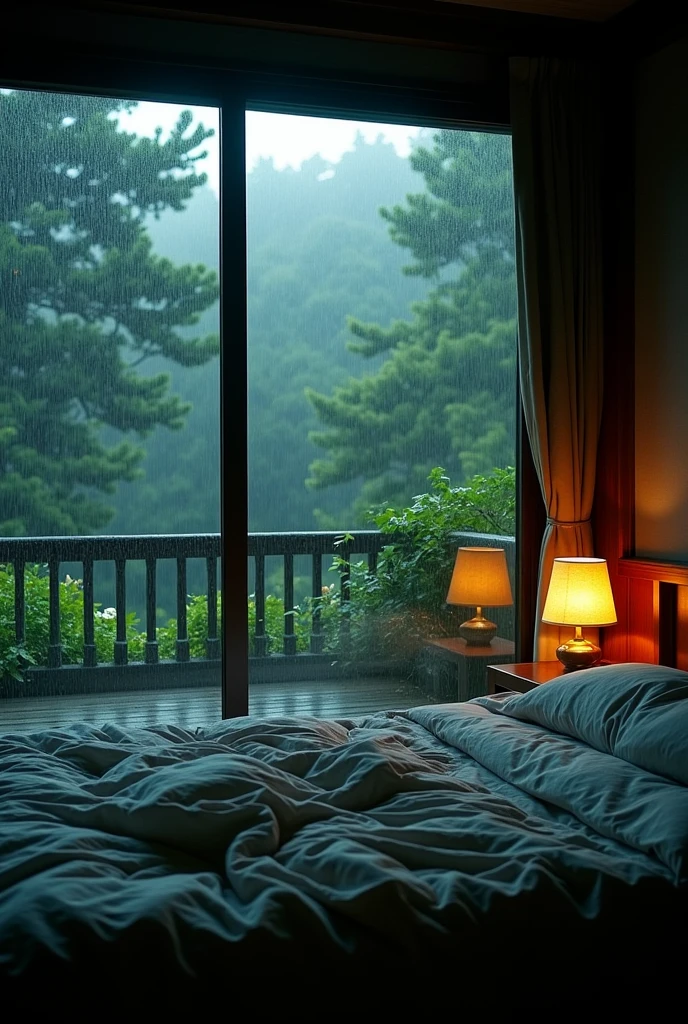 The image shows a cozy bedroom with large windows offering views of rain-soaked forests AND FLOWERS. CINEMATIC, JAPANESE HOUSE, the shape of a Japanese house, and lots of flower gardens in the garden. The bed has not been made with crumpled sheets, indicating it has only been used. looks dim, gloomy. Beside the bed there is a small table with a classic lamp burning, emitting warm light into the room. Outside the window, lush greenery can be seen on the terrace or balcony area, with rain visible falling, creating a calm and peaceful atmosphere. The contrast between the warmth indoors and the rain outdoors creates an inviting and calming atmosphere