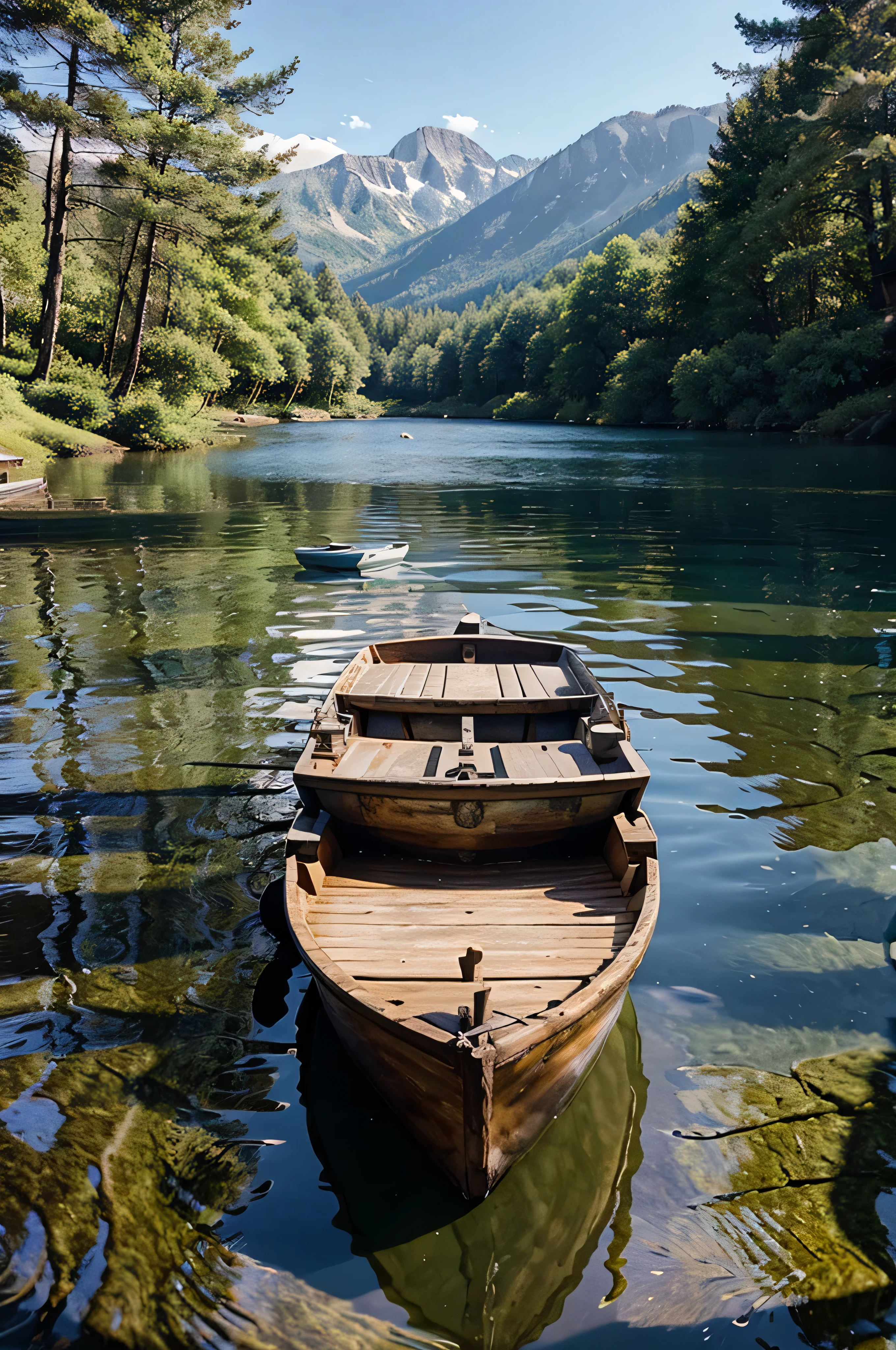 A small wooden boat tied to a dock on a calm lake, surrounded by forest and mountains. The lake's water reflects the clear blue sky and the surrounding trees.