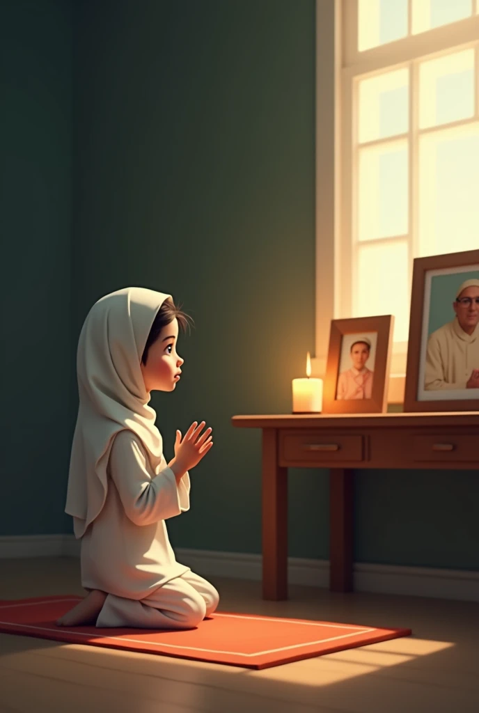 A young girl, around 7 years old, kneeling on a prayer mat in a quiet room with soft light coming through the window. She is dressed in modest Islamic attire, with a small white hijab covering her head. Her hands are raised in a dua (supplication) position, her face showing a mix of innocence and solemnity. In the background, there are framed photos of her deceased parents on a nearby table with soft candlelight. The room has a calm and serene atmosphere, reflecting her heartfelt prayer.