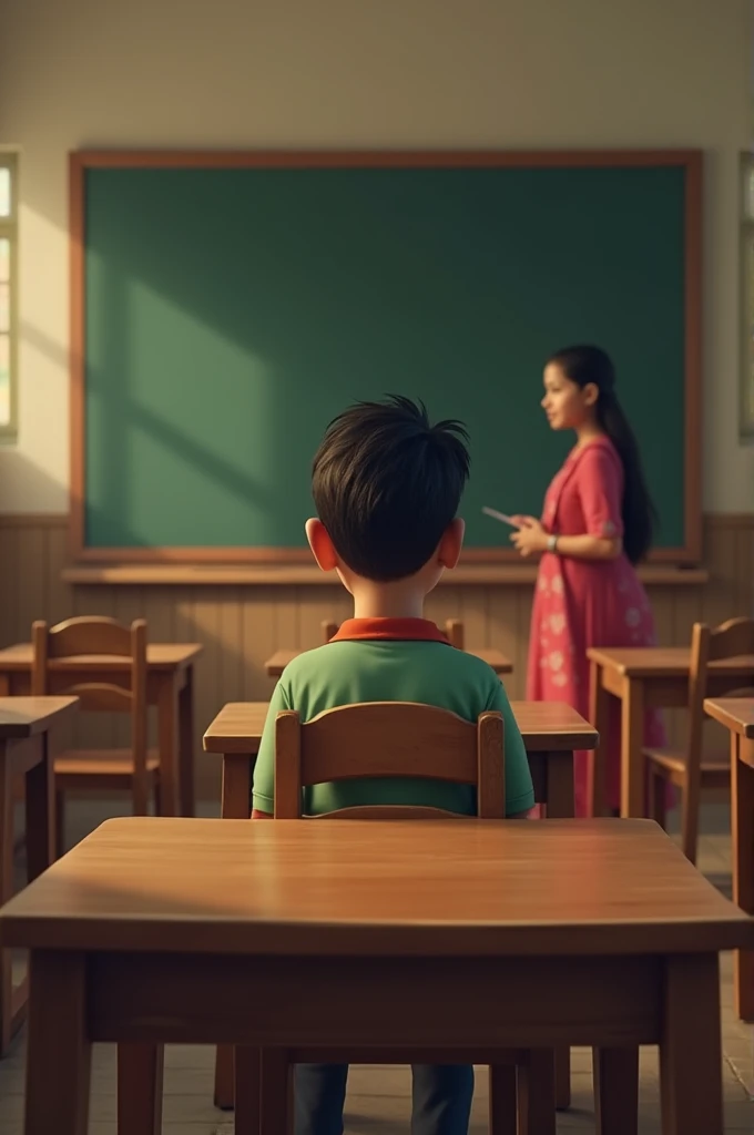 **Kumar in the Classroom (5th Grade)**
- **Description:** A young Kumar, an introverted boy, sitting in a classroom at Dayanand Vidya Mandir. He's shyly glancing at Srinidhi, who is confidently answering a question at the front of the class. The classroom has an old-fashioned, simple design with wooden desks and a blackboard.