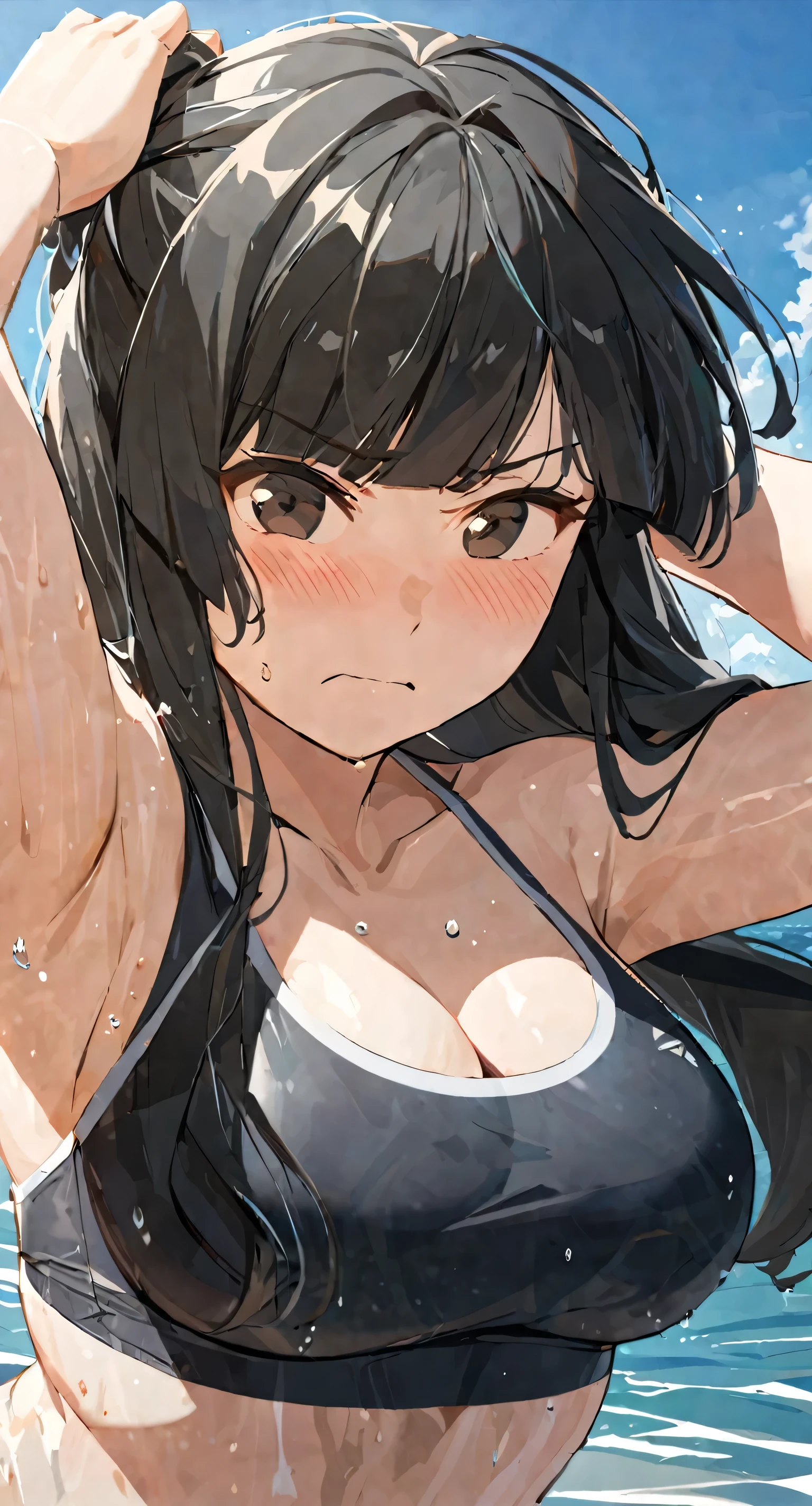 masterpiece,best quality, solo, eda, bangs, black hair, upper body,blue sky,cloud, shy expression, medium breast, hot, thicc, swimsuit , ocean, water, she is tying her hair, she is shy, embarrassed , she is embarrassed, dynamic pose, close shot, upper body, chubby, dynamic pose, trying hard, serious face, her chest is getting bigger, trying hard 