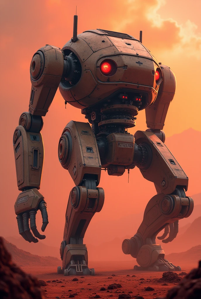A huge three-legged robot on the surface of Mars, futuristic mech, highly detailed, intricate mechanical design, advanced technology, gleaming metal body, glowing energy core, dramatic lighting, cinematic composition, moody Martian landscape, rugged terrain, red dusty sky, epic science fiction scene, photorealistic, unreal engine, 8k, best quality