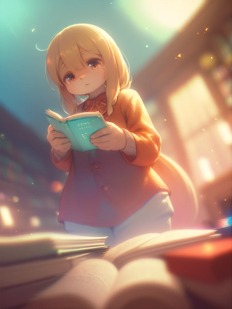 (Sumilux f1.4 24mm , low Latitude old color negative film , cross process , (bokeh), Long exposure , blur , flare, chromatic aberration , soft focus, (Shallow focus) , soft glow , Maximum aperture, high Key , Transparent depiction , Tyndall:1.3) , Hallucinations , thick Female librarian, huge library, scattered books , bend over