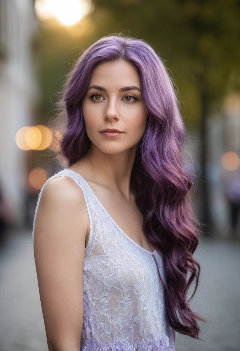 Create a photorealistic image of a 28-year-old European woman with long, wavy purple hair using a 50mm lens with a wide aperture of f/1.8, capturing a shallow depth of field. The subject should be sharp with a blurred background (bokeh effect). Lighting should be natural, with balanced white light to highlight the true colors of the scene. Make sure the image has a low ISO to minimize noise and a fast shutter speed to freeze any movement, providing a sharp, detailed shot.