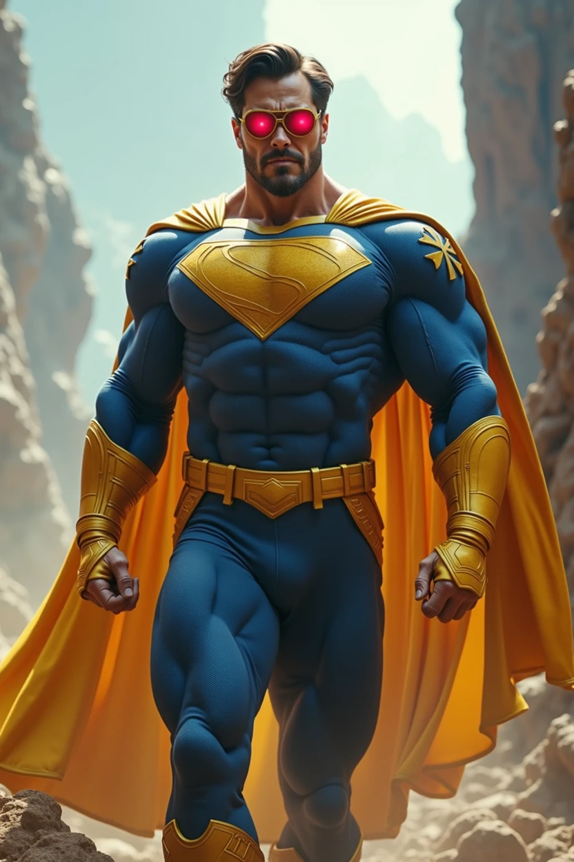 a male superhero wearing red visor, muscular build, blue and yellow costume, in heroic pose, highly detailed face and body, cinematic lighting, dramatic action scene, epic sci-fi landscape, digital art, concept art style, vibrant colors, (best quality,4k,8k,highres,masterpiece:1.2),ultra-detailed,(realistic,photorealistic,photo-realistic:1.37)