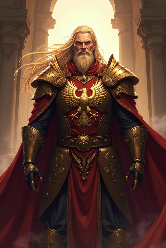 kaiser, middle-aged, Golden hair, Griffin coat of arms, warrior, bloodthirsty, majestic, Gold und Rot, Mixture of light and dark atmosphere, Antiquity, Anime Style