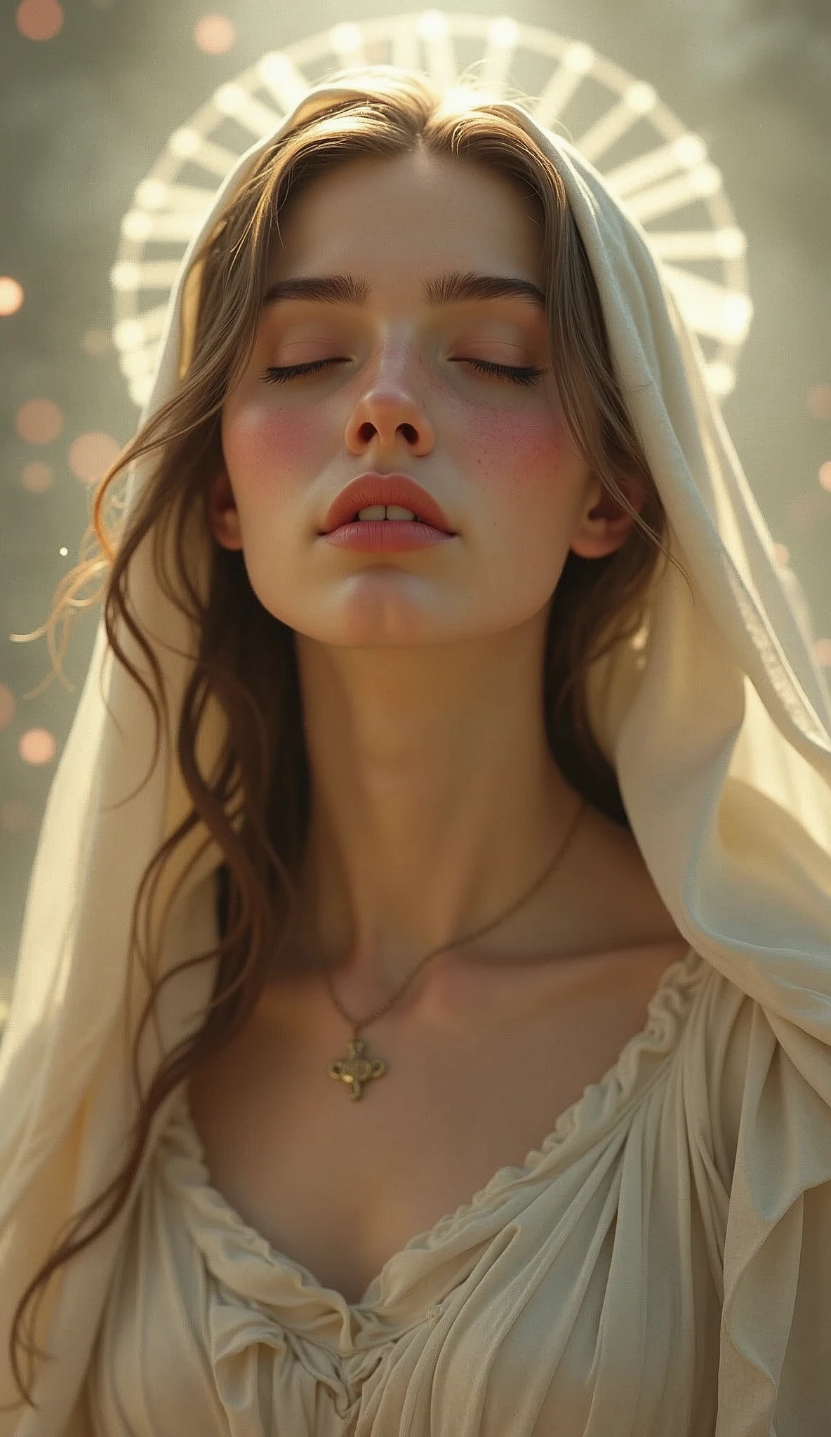 Beautiful 20-year-old Virgin Mary blushing、She has her eyes closed, her lips pursed as if kissing, and is sticking them out towards me.