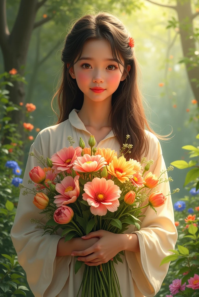 Girl with fresh flower bouquet in hand 