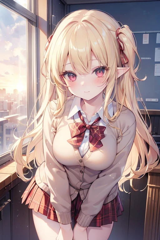 ((masterpiece, best quality, highres, UHD, perfect pixel, depth of field, 4k, RTX, HDR)), 1girl, single, solo, elf, 19 years old, beautiful anime girl, beautiful artstyle, anime character, ((long hair, bangs, blonde hair, curly hair)), (red eyes:1.4, rounded eyes, beautiful eyelashes, realistic eyes), (detailed face, blushing:1.2), (smooth texture:0.55, realistic texture:0.65, photorealistic:1.2, cinematic, anime CG style), medium breasts, perfect body, busty, (POV, close up), ((school uniform, cardigan, sweater, jacket, red bowtie, plaid skirt)), (indoor, beside the window), ((side light, natural light, sunrise)), sly smile, leaning forward, looking at viewer