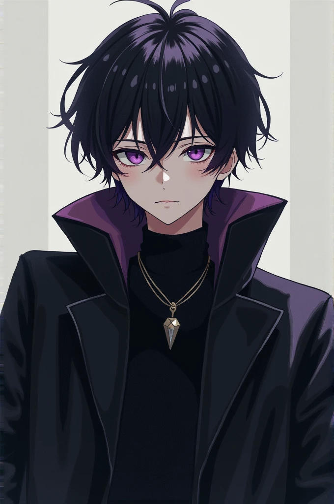 Anime boy with black parted hair and a bit of purple hair and black clothes named Y