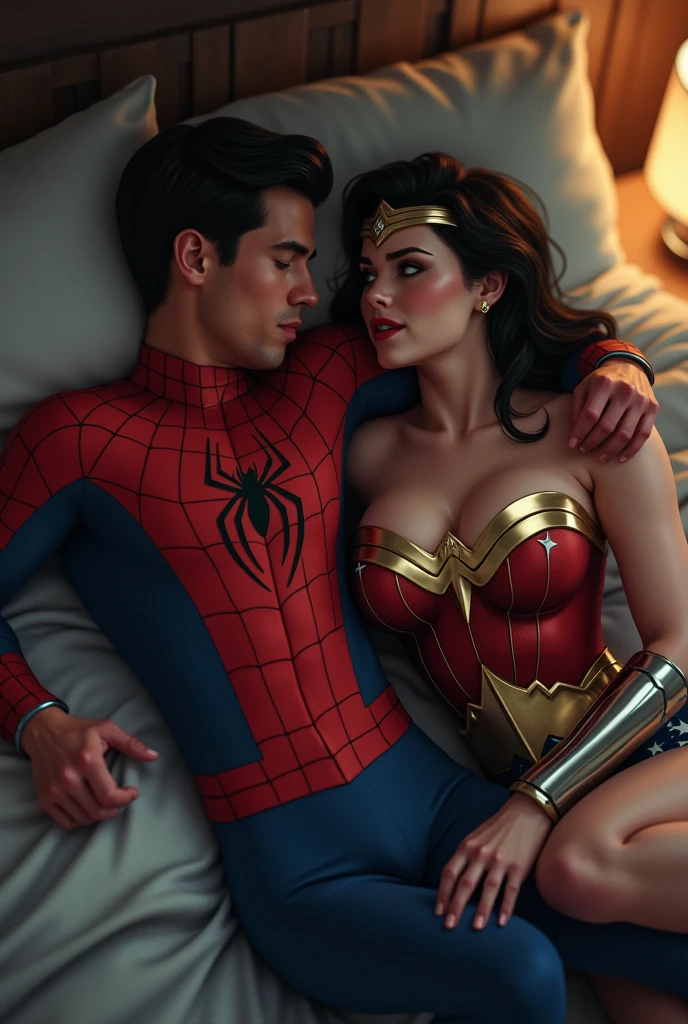 Spiderman with his mask on sleeps topless with Wonder Woman