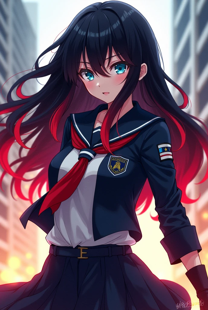 My Hero Academia template of a girl with black hair with wavy crimson red streaks that reach her hips, has light blue eyes, parts, Wear the My Hero Academia uniform