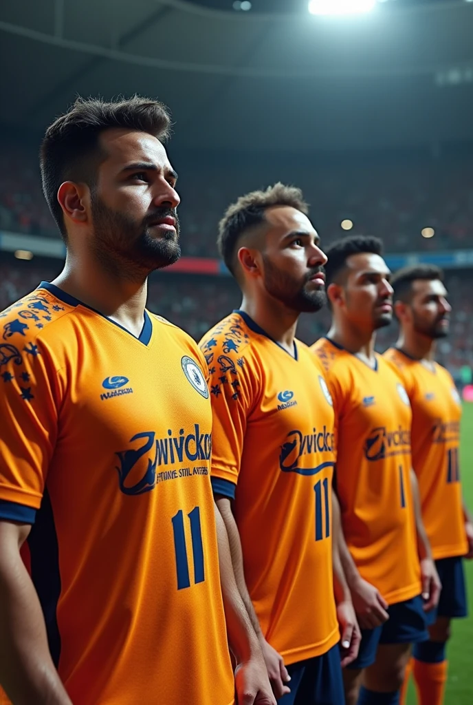 Seven members of players wearing kabaddi jersey standing