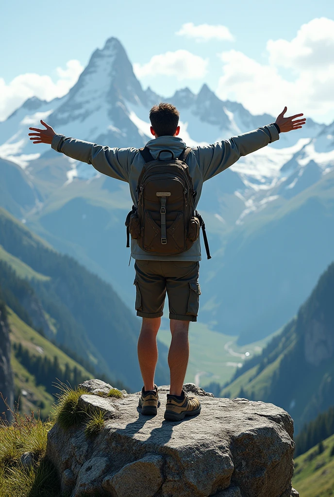 A man posing like Christ on top of a mountain in Switzerland, dressed as if he were hiking, his face far away.