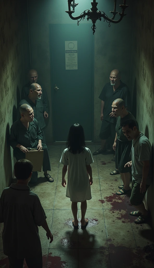 Land of Rakshasa、A torture room decorated with torture instruments、Beautiful Japanese girl、(Ruffians wearing demon masks attack a woman)、(Humiliating my daughter)、(Pajamas), scream、(Scared girl)、hell、(Dim lighting)、A cruel world where people are no longer people、Bird's-eye view、(Grab the girl and strip her)、Masterpiece best quality、Baby Face、Cute girl、R18、No makeup、Various hairstyles、Blood stains on the walls
