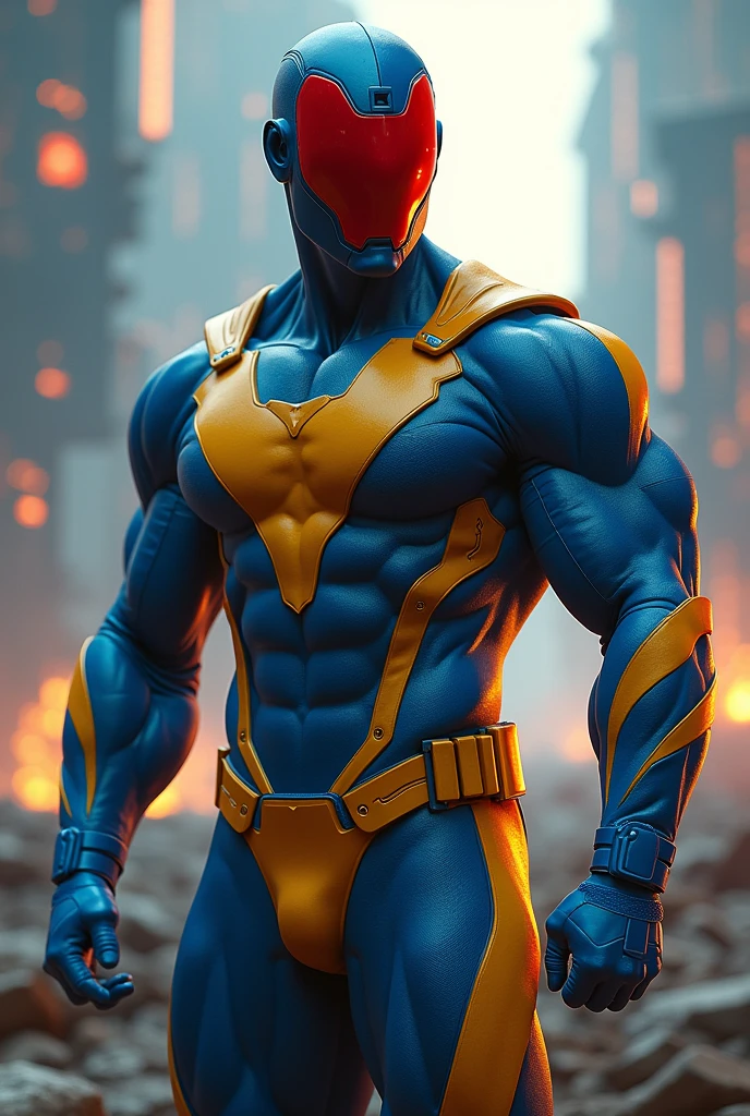 a male hero wearing red visor, muscular build, blue and yellow costume spandex, in heroic pose, highly detailed face and body, cinematic lighting, dramatic action scene, epic sci-fi landscape, digital art, concept art style, vibrant colors, (best quality,4k,8k,highres,masterpiece:1.2),ultra-detailed,(realistic,photorealistic,photo-realistic:1.37)