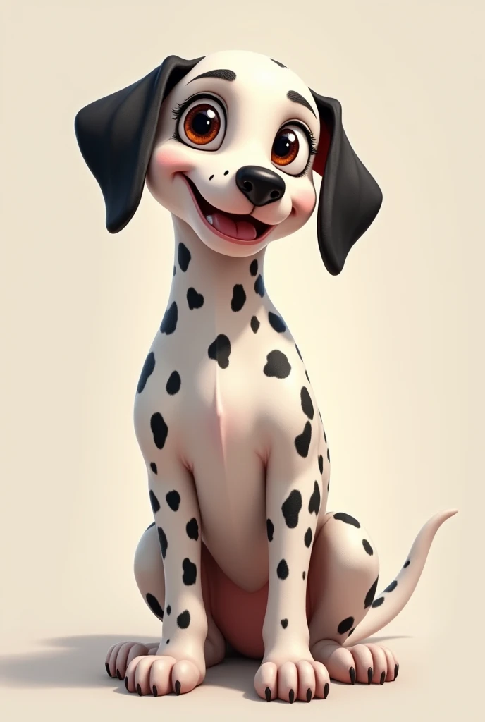 draw an image of an adult dalmatian dog, with black spots on his eyes and left ear,  kind and gentle and cheerful