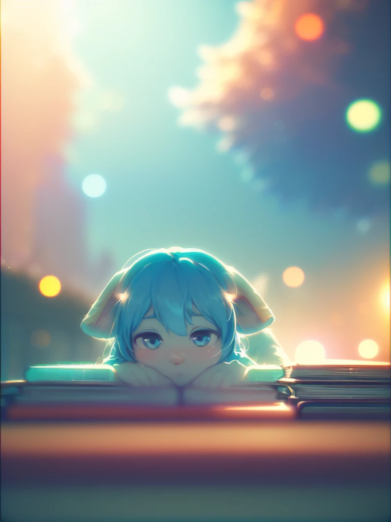 (Sumilux f1.4 24mm , low Latitude old color negative film , cross process , (bokeh), Long exposure , blur , flare, chromatic aberration , soft focus, (Shallow focus) , soft glow , Maximum aperture, high Key , Transparent depiction , Tyndall:1.3) , Hallucinations , thick Female librarian, huge library, scattered books , bend over