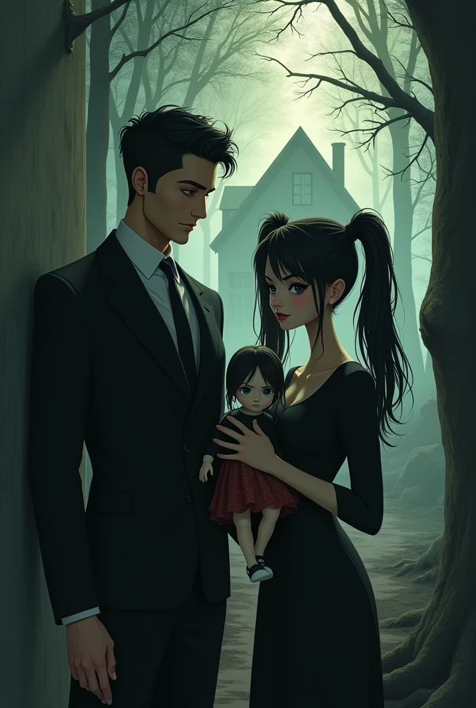 An animated handsome man wearing a black suit and a Woman holding a creepy doll with ponytails with the background of a lone house in the forest with a secret shadowy man behind a wall.