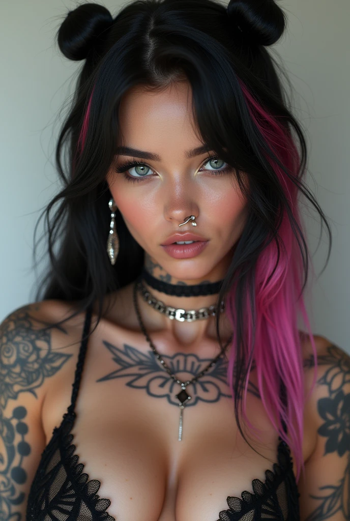 delicate woman, model face,diamond shape, gray-blue eyes black shadow, seductive look, long black hair with pink and white highlights, SEPTUM,earrings, tattooed, in the doggy style position