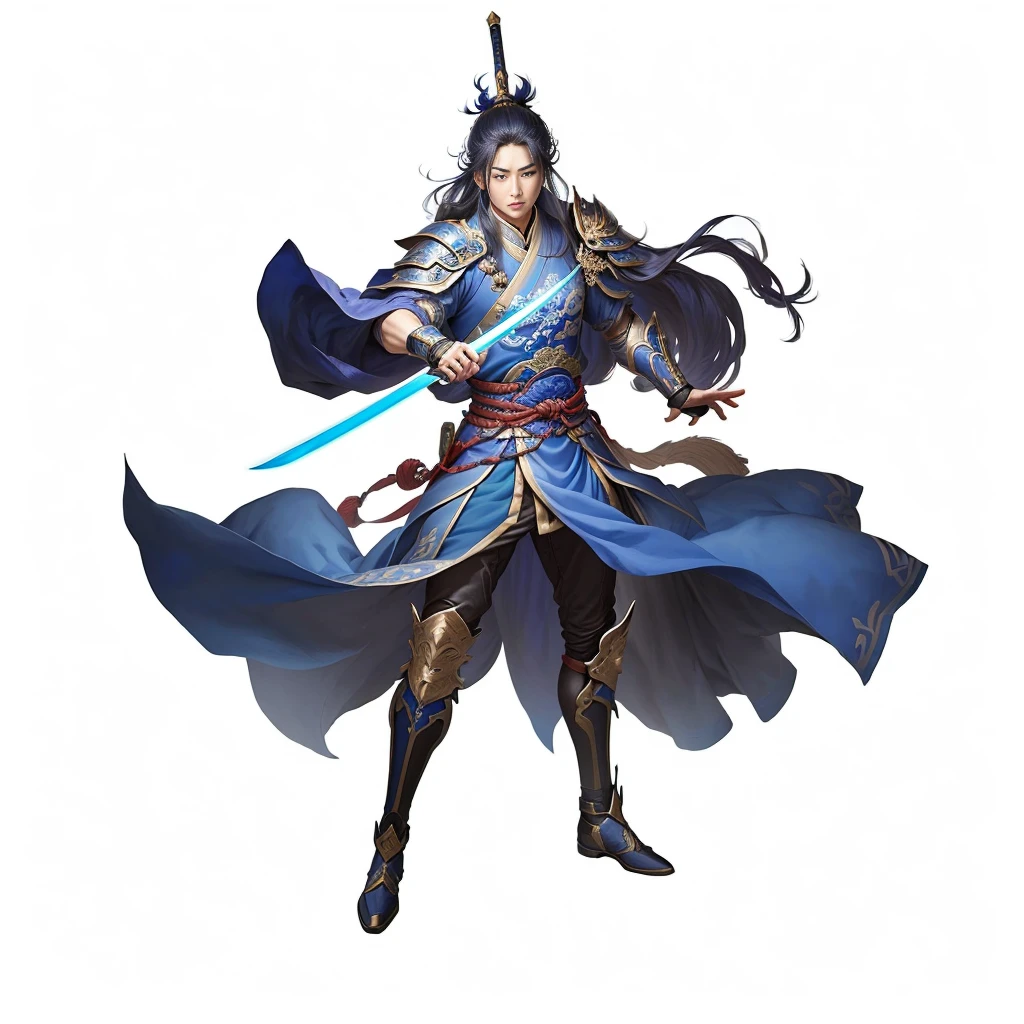 A person wearing blue clothing、man holding sword, heise jinyao, zhao yun, xianxia hero, Inspired by Huang Shen, Full body martial arts, Full body fairy, G Liulian art style, inspired by Guan Daosheng, Inspired by Zhao Yuan, 《Genshin Impact》Keqing, author:Yang J