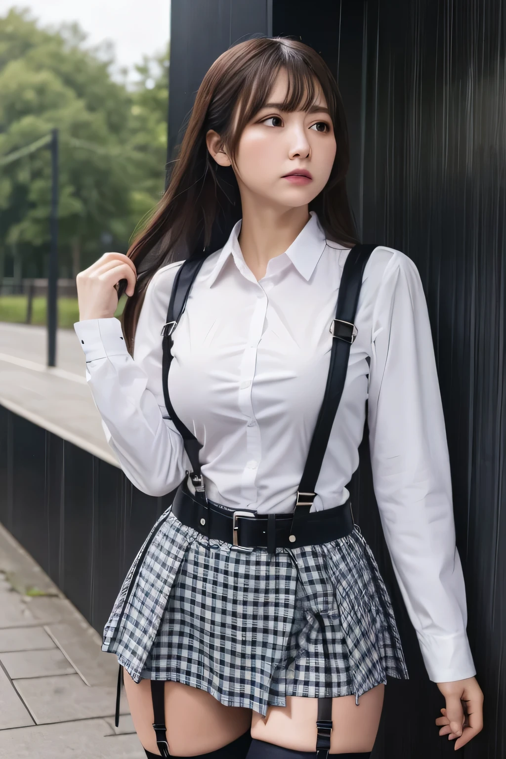 1 female, , high quality, masterpiece, Ultra-high resolution, Cinema Lighting, 1 female, , high quality, masterpiece, Ultra-high resolution, , Cinema Lighting, suspenders　　　Moderate breasts　 　 　　　　　 　　　　Small face　 　　　　　　　　　　　Looking up　　　　Sweat 　　　Thin belt　buzzer　脇Sweat 　　　　 　garter belt　　Belt on pants　　holster　 　　Hands behind your back　 　Looking up　Anxious face　Knee-high　Knee socks　Knee-highソックス 　garter　ふとももにgarter belt　Checkered mini skirt　 　　Panty shot　Skirt gap Armament　　　holster　holster 　　Hands behind your back　 Anxious expression　　Anxious face, legs apart　Armament　　Leg Holster　holster　See-through clothing　heavy rain　Rain-soaked dress shirt,Moderate breasts　ガーターbelt　suspenders　Garter on the thigh　Checkered mini skirt　Looking up　Pause　belt　Armpit sweat　Hands behind back　Raise your hands