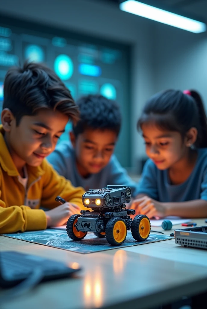 Create a amazing image where indian students learning about iot and robotics and also working on it make image realistic ,place small robot infront of them