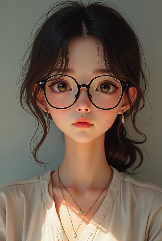 Japanese women、Late 20s、Brown hair and glasses、Serious and quiet、Kinda cute、Kind Face、Not too fat, not too thin.、semi-long、A more realistic face、Plump