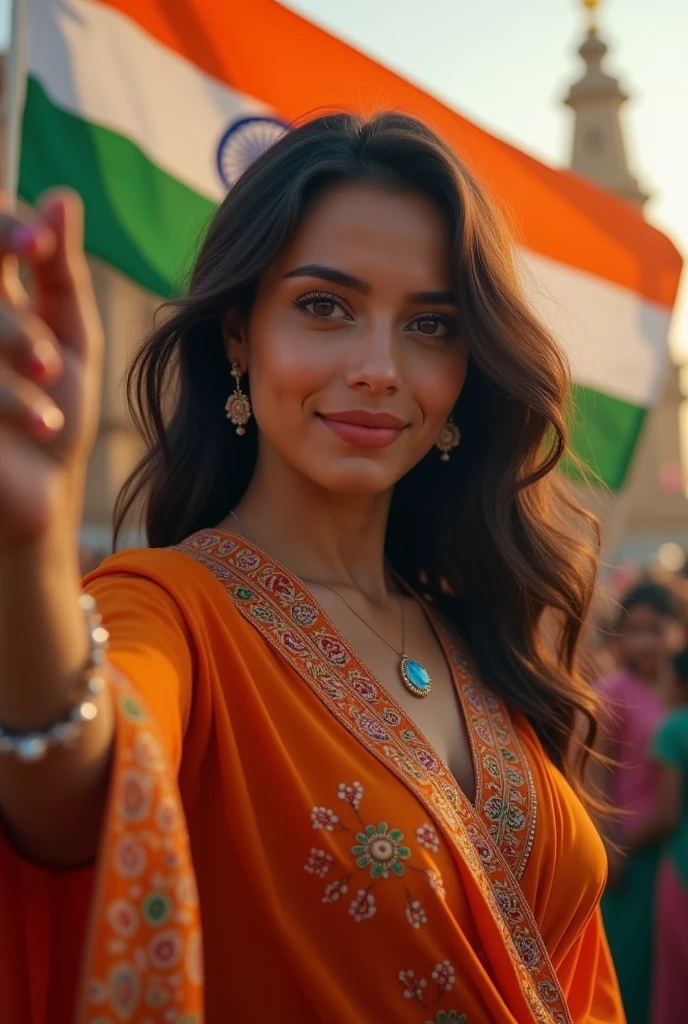 (photorealism:1.2), beautiful woman, flag indian hand and independence day special photo