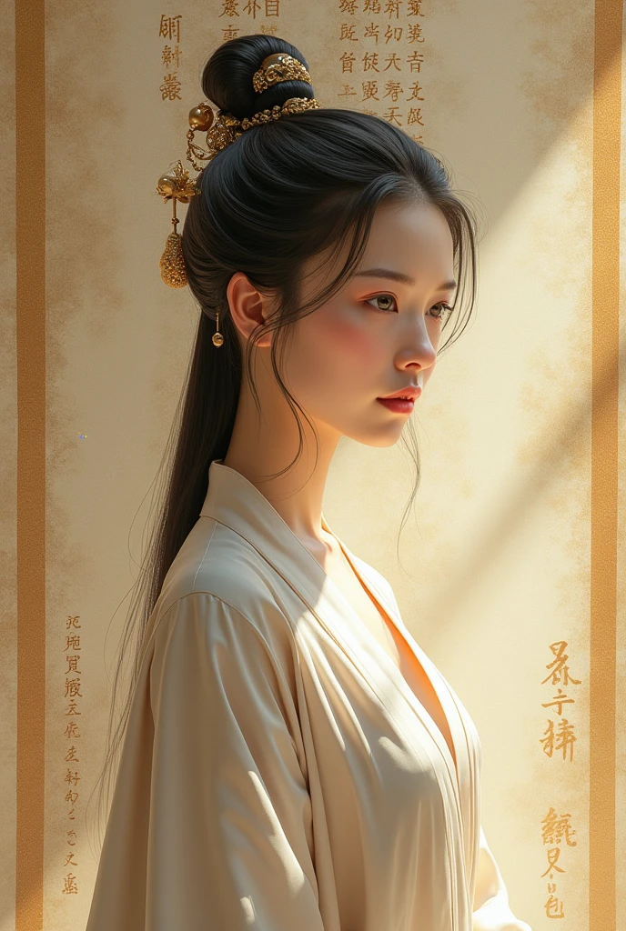 Dunhuang art style, Extremely long-distance lens, A beautiful girl, Perfect face, Pretty Face, Wearing traditional silk dress, Standing on an ancient soft scroll with golden ancient texts, Zen style, Bright Star, Light and Shadow, Ancient White, epic, Extremely delicate brushstrokes, Reality, Photographed by DJI, illustration, UHD, masterpiece, accurate, anatomically correct, textured skin, super detail, 8k
