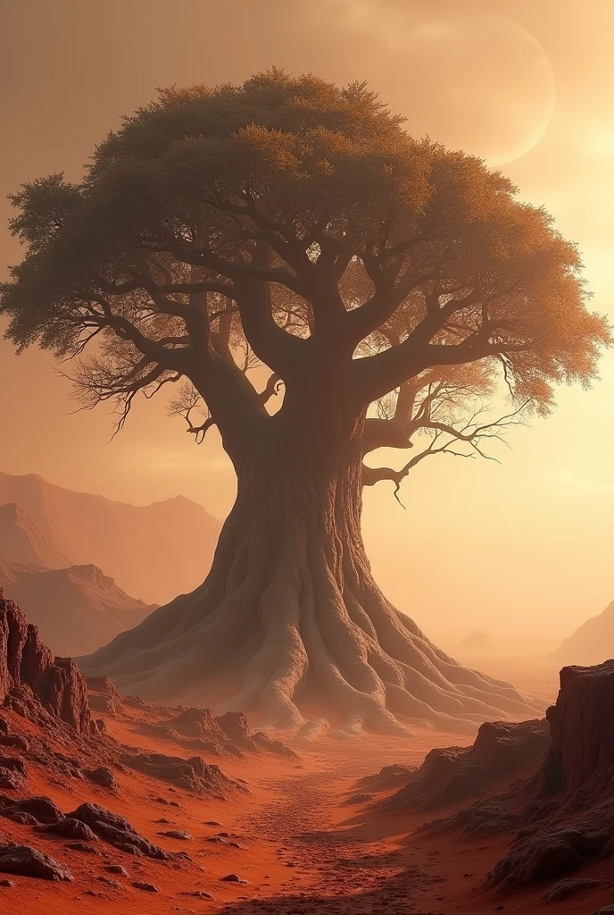 a massive old-growth tree on the surface of mars, withered and gnarled branches reaching up towards a rust-colored sky, roots snaking across the barren red soil, an otherworldly and desolate landscape, highly detailed, 8k, cinematic lighting, dramatic shadows, moody atmosphere, muted color palette, (best quality, 4k, 8k, highres, masterpiece:1.2), ultra-detailed, (realistic, photorealistic, photo-realistic:1.37), dramatic lighting, volumetric fog, moody atmosphere, muted color palette, cinematic composition