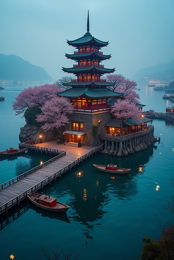 pagoda epic scale surrounded by shops asian chinese Japanese style in the ocean island surrounded by merchant boats docked, island with cherry blossom, night time, festive aerial shot many boats island surrounded by many small wooden docks connected to the island radiating , island central point