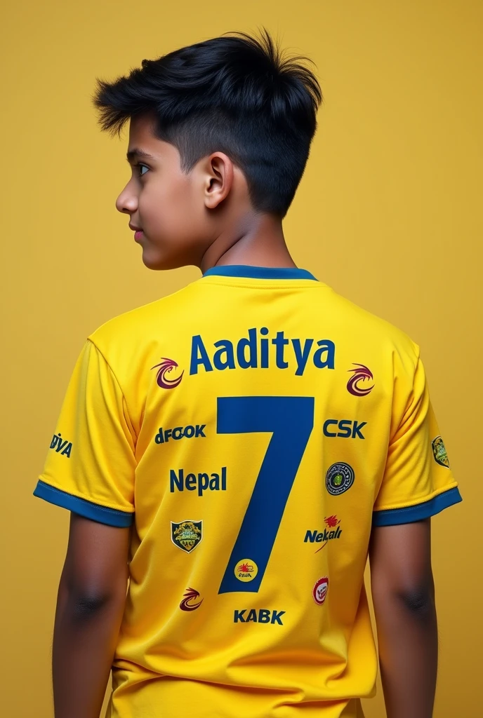 A boy of written in back side of t shirt written name Aaditya and down side written 7 number and up side written nepal and made one logo of csk
Back side of t shirt written in t shirt of back side in yellow t shirt