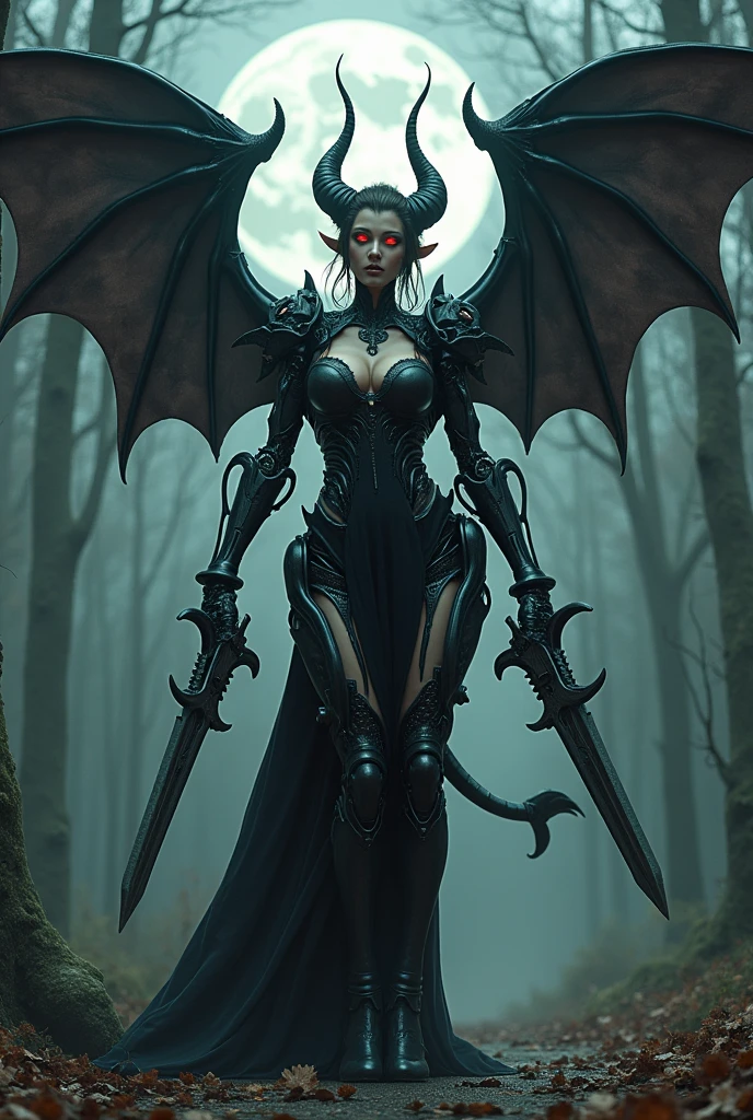 Mechanical demon woman、with scissors as weapons that are very large compared to her height、Detailed robot legs、Detailed mechanical body、detailed gear、Fangs like wolves、Bull-like horns、Large bat-like wings、Devil's Tail、Beautiful glowing red eyes、black sheer dress、Beautifully detailed face、Ideal body type、Big Breasts、Narrow waist, In the background is a Gothic castle surrounded by a moonlit forest.、Cowboy Shot、